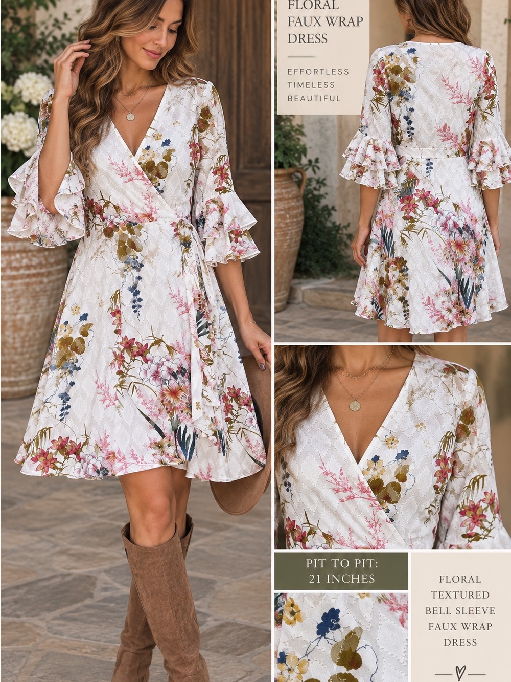 Gabby Skye White Floral Faux Wrap Mini Dress